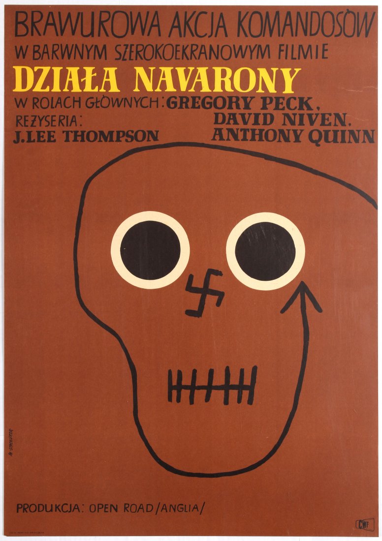 Polish Movie Poster American film The Guns of Navarone: Polish Movie Poster for the American film The Guns of Navarone (Dziala Navarony) - Directed by J. Lee Thompson. Starring Gregory Peck, David Niven, Anthony Quinn. Country: Poland. Year: 1961. Artist: 