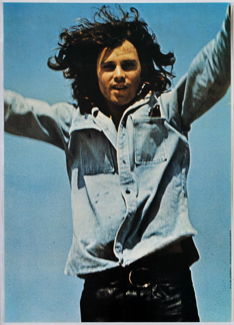Advertising Poster Jim Morrison Poster: Country: Denmark. Year: 1970s?. Artist: Unknown. Size (cm): 85.5x60.5. Excellent condition, faint creases.