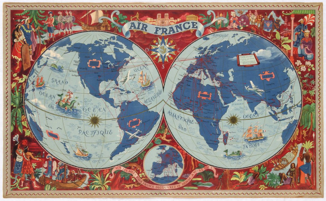 Travel Poster Air France Planisphere: Country: France. Year: 1940s?. Artist: Lucien Boucher. Size (cm): 35x57.5 (Horizontal). Very good condition, faint scratches and cracks.