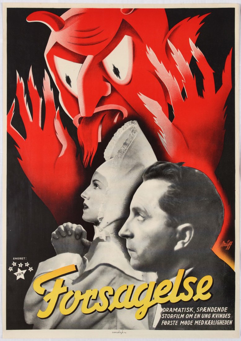 Movie Poster Forsagelse Silent Film: Country: Denmark. Year: 1920s?. Artist: Muff. Size (cm): 84.5x60. Very good condition, minor tears and creases in margins