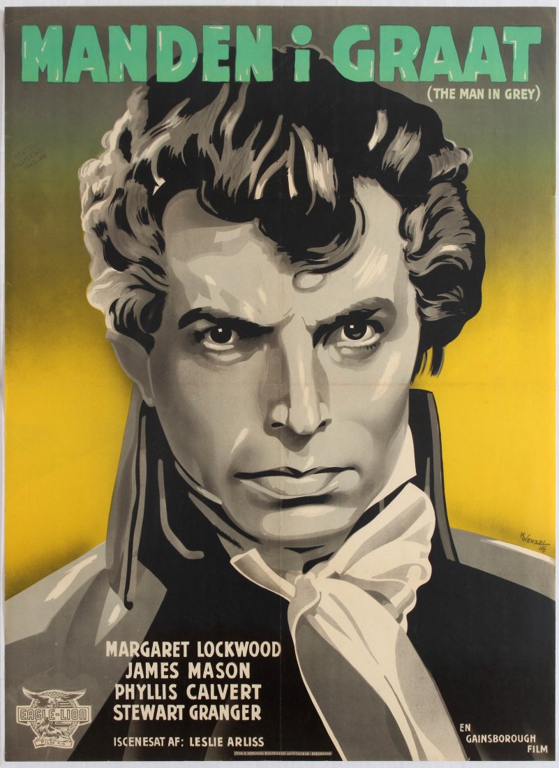Movie Poster The Man in Grey Danish Poster: Manden I: Margaret Lockwood & James Mason - Country: Denmark. Year: 1946. Artist: K. Wenzel. Size (cm): 85x62. Very good condition, faint creases in margins, small stamp in left margin.