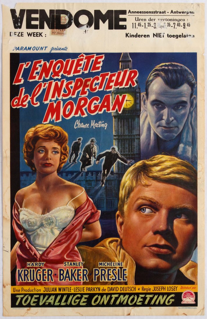 Movie Poster L'enquete de l'inspecteur Morgan Chance: Directed by Joseph Losey - Starring Hardy Kruger, Stanley Baker and Micheline Presle - Country: Belgium. Year: 1959. Artist: Unknown. Size (cm): 54x35.5 .Fair condition, folded as issued, tears, paper
