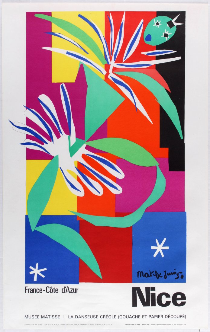 Travel Poster Nice La Danseuse Creole by Matisse: Possible later printing of the poster, original issued in 1965. Country: France. Artist: Matisse. Size (cm): 99x62.5. Very good condition, faint folds in margins.