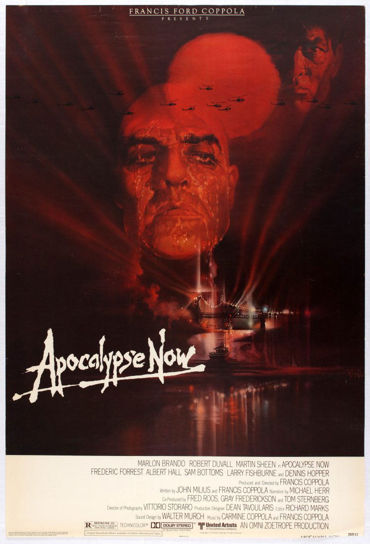 Movie Poster -Apocalypse Now Francis Ford Coppola: Starring Marlon Brando, Robert Duvall, Martin Sheen - Country: USA. Year: 1979. Artist: Bob Peak. Size (cm): 101.5x69. Trimmed, good condition otherwise, faint creases, small folds and cracks.