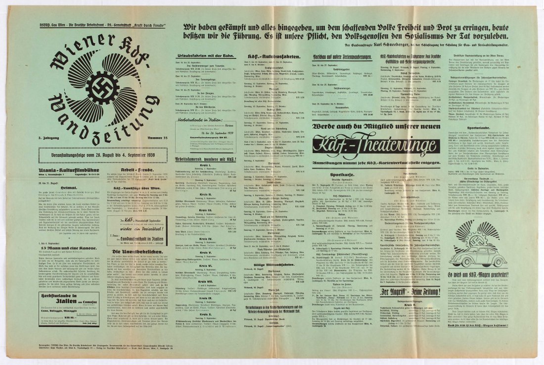 Nazi Propaganda poster - Vienna KdF Wall Newspapper -: 28 August - 4 September 1939 - Country: Austria. Year: 1939. Artist: Unknown. Size (cm): 63x95 (Horizontal). Very good condition, folded as issued, creases. Printed on newspaper stocks.