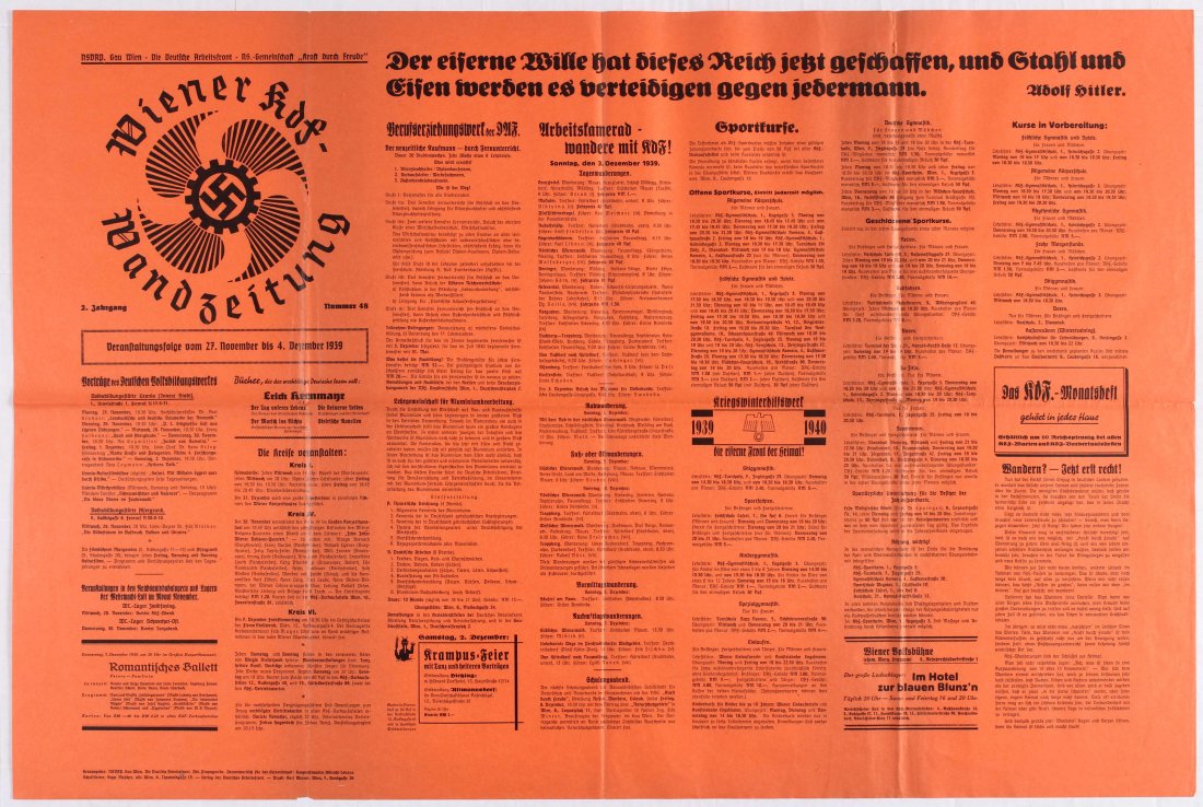 Nazi Propaganda poster - Vienna KdF Wall Newspapper -: 27 November - 4 December 1939 - Country: Austria. Year: 1939. Artist: Unknown. Size (cm): 63x94 (Horizontal). Very good condition, folded as issued, minor tears on fold lines, creases. Printed on news