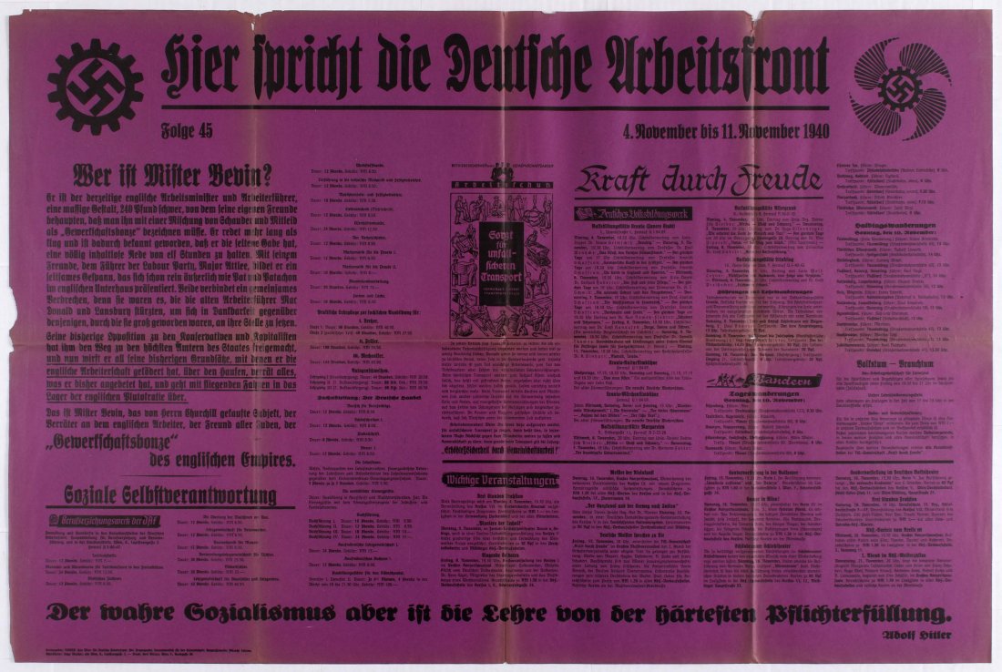 Nazi Propaganda poster - The Voice of the German Labour: 4-11 November 1940 - Country: Austria. Year: 1940. Artist: Unknown. Size (cm): 70x104 (Horizontal). Fair condition, folded as issued, tears and losses in margins and on fold lines. Printed on newspape