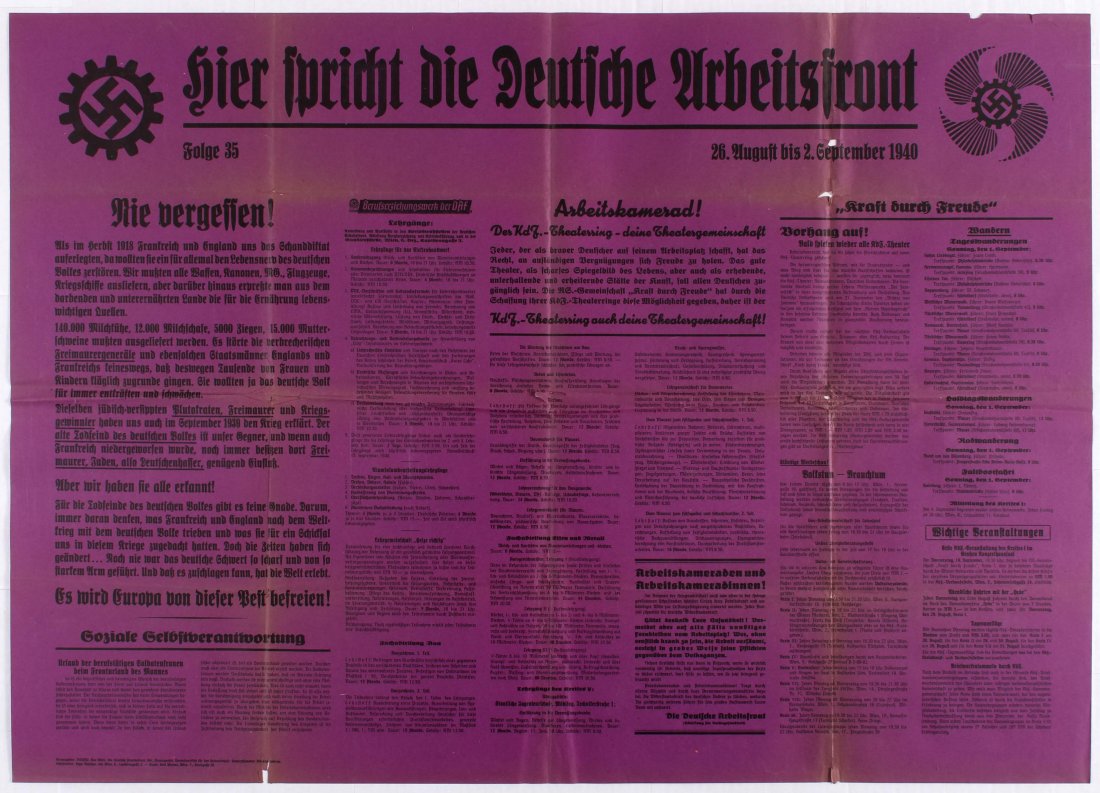 Nazi Propaganda poster - The Voice of the German Labour: 26 August -2 September 1940 - Country: Austria. Year: 1940. Artist: Unknown. Size (cm): 75x104 (Horizontal). Fair condition, folded as issued, tears in margins and on fold lines, creases. Printed on n
