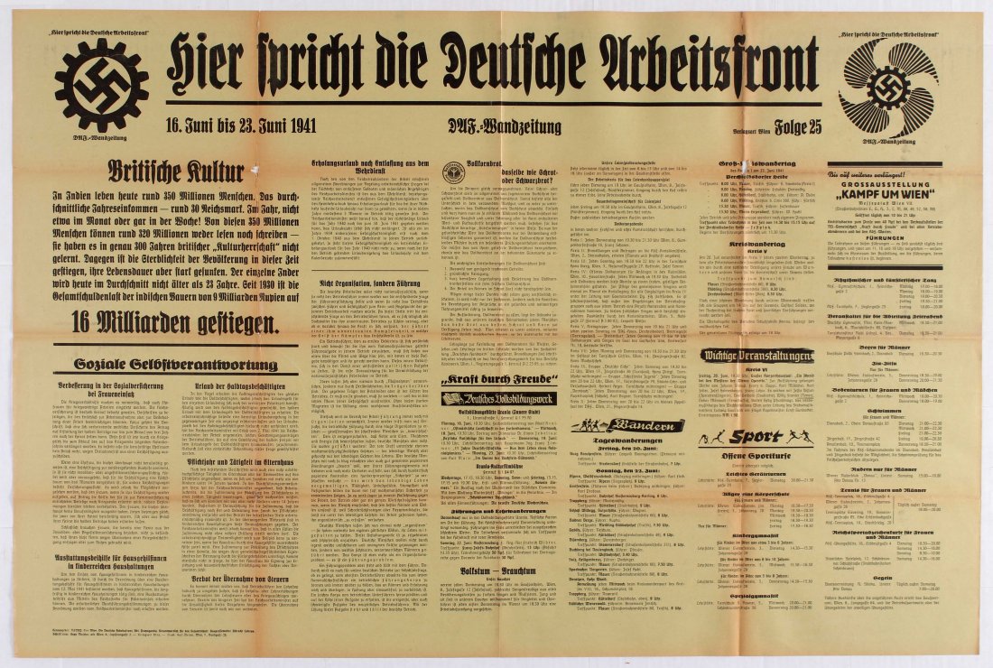 Nazi Propaganda poster - The Voice of the German Labour: 16-23 June 1941 - Country: Austria. Year: 1941. Artist: Unknown. Size (cm): 75x105.5 (Horizontal). Good condition, folded as issued, minor tears on fold lines and margins, creases. Printed on newspape