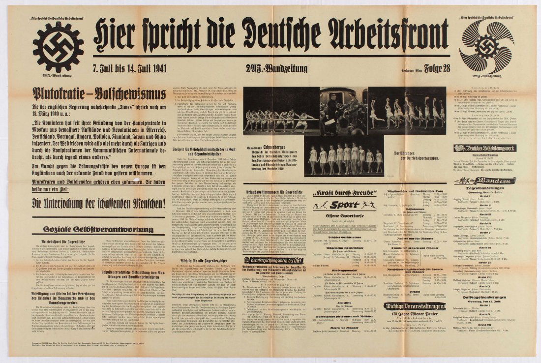 Nazi Propaganda poster - The Voice of the German Labour: 7-14 July 1941 - Country: Austria. Year: 1941. Artist: Unknown. Size (cm): 70x105 (Horizontal). Good condition, folded as issued, tears on fold lines, creases. Printed on newspaper stocks.
