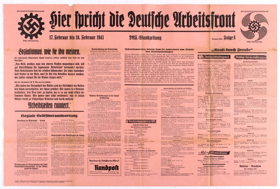 Nazi Propaganda poster - The Voice of the German Labour: 17-24 February 1941 - Country: Austria. Year: 1941. Artist: Unknown. Size (cm): 70x104.5 (Horizontal). Good condition, folded as issued, staining in margins, creases. Printed on newspaper stocks.