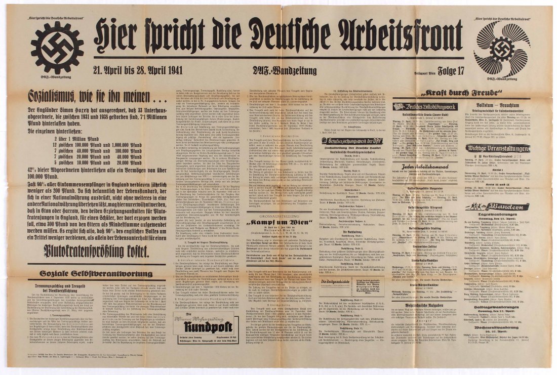 Nazi Propaganda poster - The Voice of the German Labour: 21-28 April 1941 - Country: Austria. Year: 1941. Artist: Unknown. Size (cm): 70x105 (Horizontal). Fair condition, folded as issued, small tears in margins. Printed on newspaper stocks.