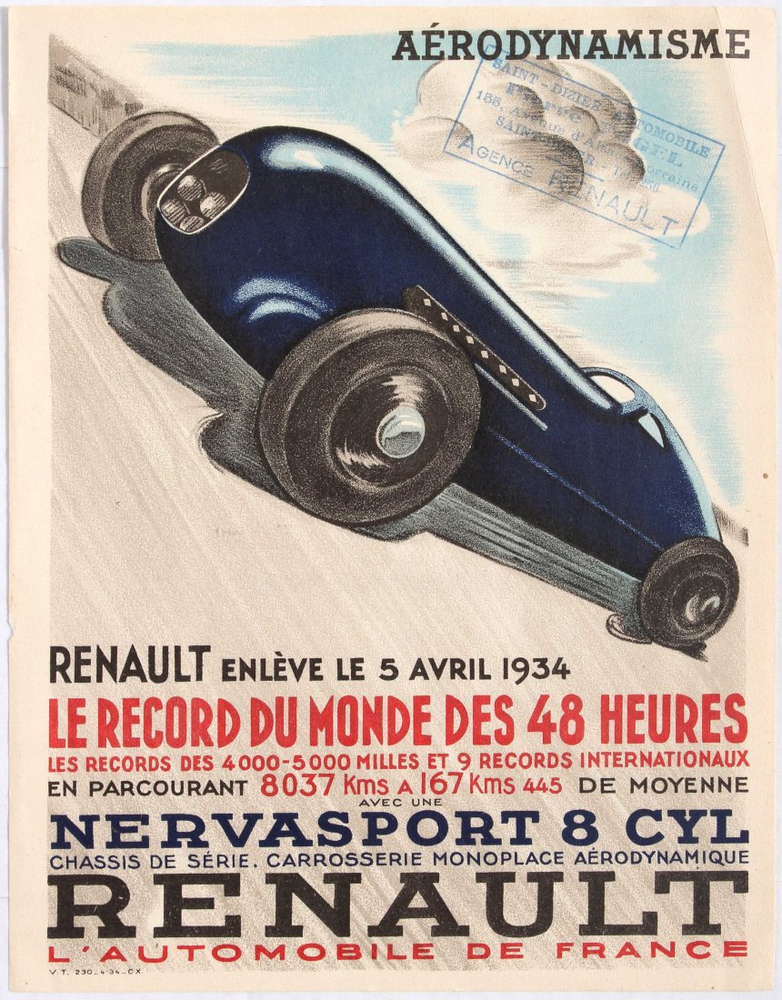 Advertising Poster for Renault Renault takes the 48: Country: France. Year: 1934. Artist: Unknown. Size (cm): 27x21. Very good condition, folds and minor defects in margins, stamp in top right corner.
