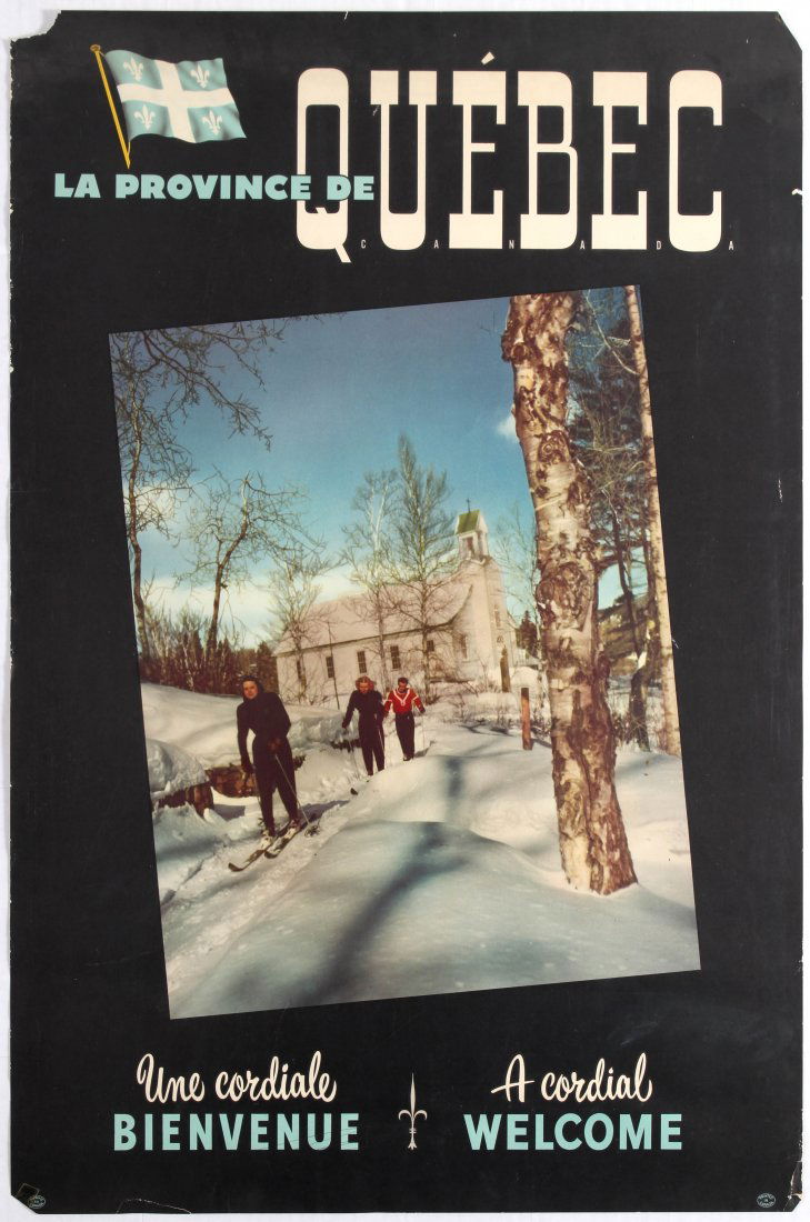 Ski Travel Poster The Province of Quebec A cordial: Country: Canada. Year: 1950s?. Artist: Unknown. Size (cm): 89x58.5. Fair condition, tears and losses in margins.