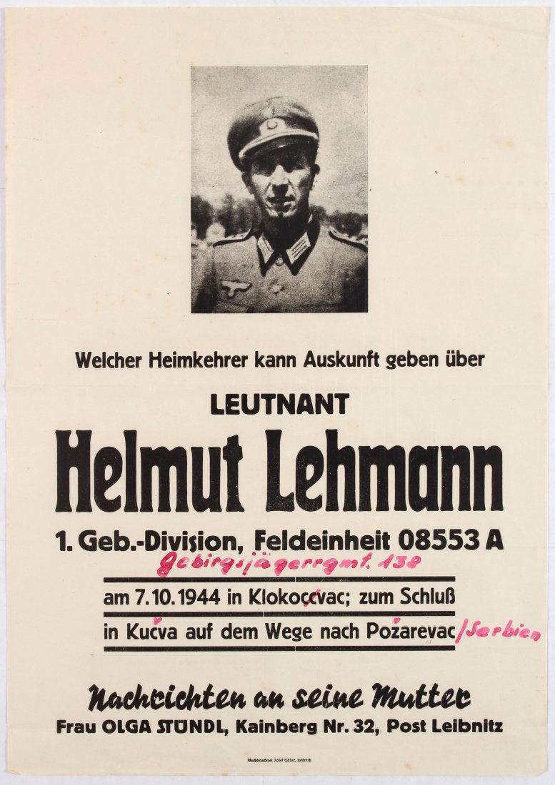 War Propaganda WWII Nazi poster Missing Poster for: Country: Germany. Year: 1944. Artist: Unknown. Size (cm): 43x30.5. Good condition, folded as issued, staining and creases.