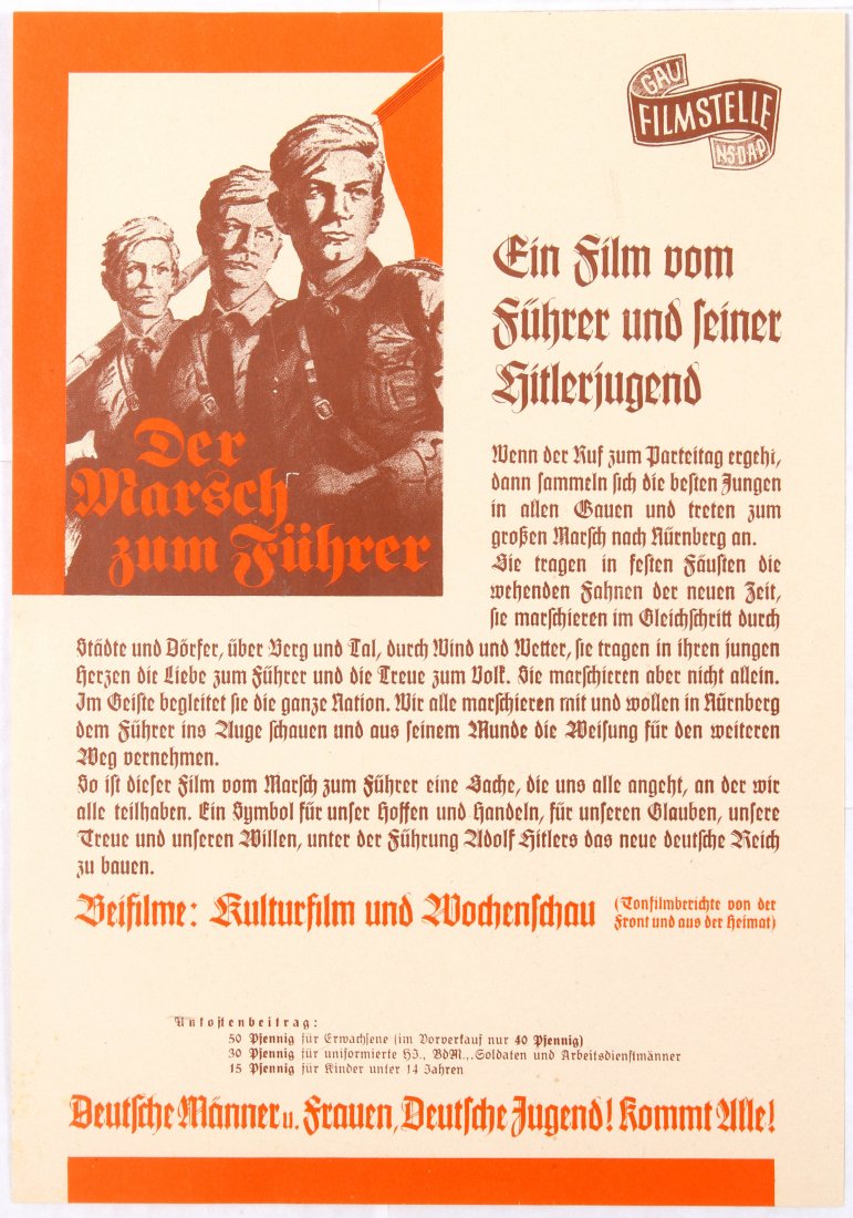 War Propaganda WWII Nazi Film poster Der Marsch zum: Country: Germany. Year: 1940. Artist: Unknown. Size (cm):29.5x21. Excellent condition.