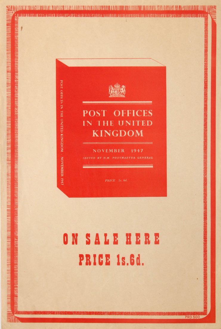 Post Offices in the United Kingdom November 1947: Country: UK. Year: 1947. Artist: Unknown. Size (cm): 37.5x25.5. Very good condition, faint creases and folds.