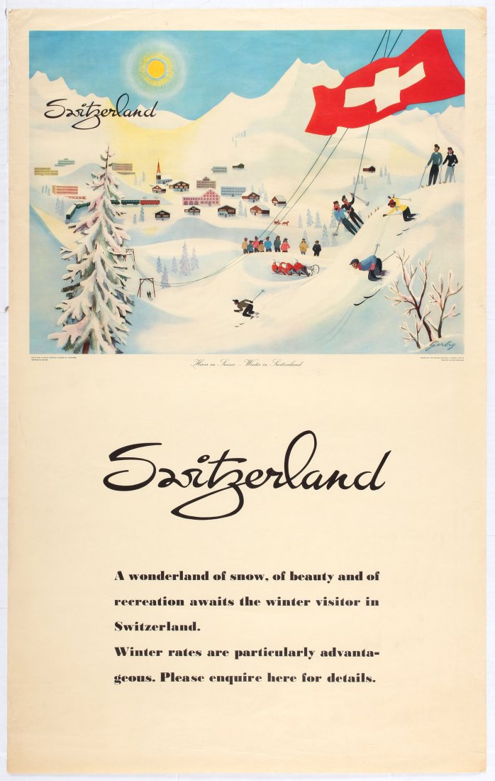 Travel Poster Switzerland Winter in Switzerland: Country: Switzerland. Year: 1955. Artist: Gerbig. Size (cm): 101.5x64. Good condition, faint cracks, creases and small tears in margins.