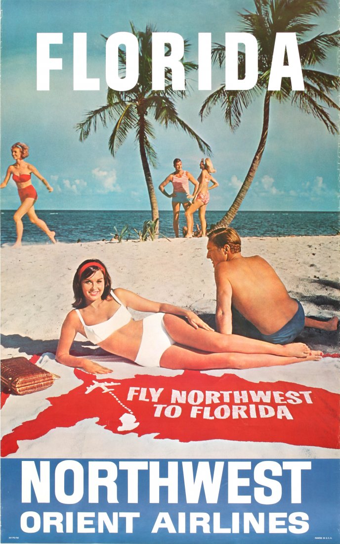 Travel Poster Florida Northwest Orient Airlines: Country: USA. Year: 1960s?. Artist: Unknown. Size (cm): 101.5x63.5. Good condition, minor tears and creases in left and right margins.