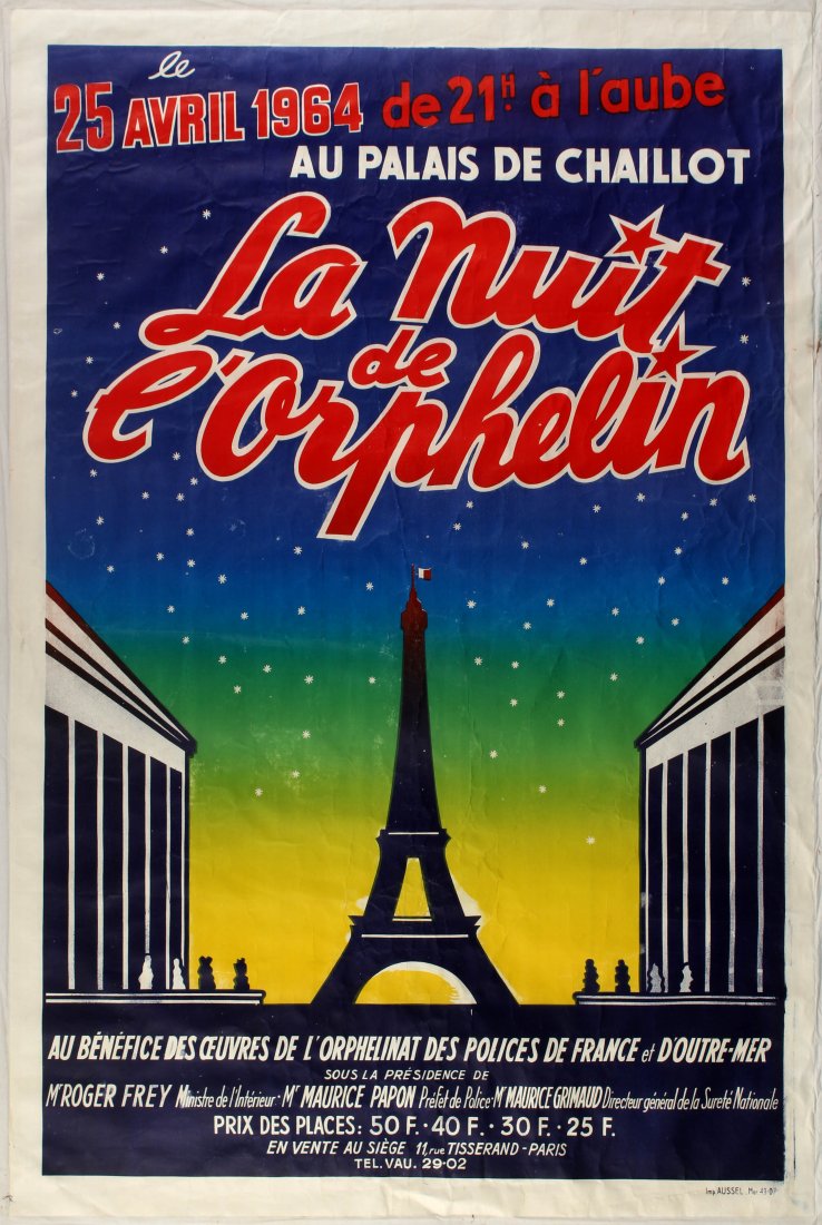 Advertising Poster Charity Event Poster Eiffel Tower: Advertising Poster - Charity Event Poster at Palais Chaillot, Paris - The Night of the Orphan (La nuit de l'Orphelin). Country: Francey. Year: 1964. Artist: Unknown. Size (cm): 148x98.5. Good conditio