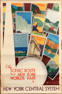 Travel Poster The Scenic Route to New York World's Fair: Travel Poster - The Scenic Route to New York World's Fair - New York Central System Country: USA. Year: 1939. Artist: Leslie Ragan. Size (cm): 103x68. Good condition, cracks and folds.