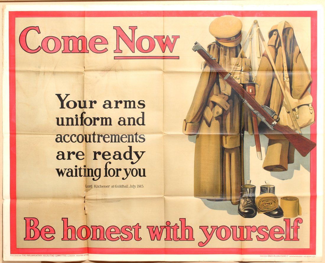 Propaganda poster Come Now Be Honest with yourself: Propaganda poster -Come Now - Be Honest with yourself.. Country: UK. Year: 1915. Artist: Unknown. Size (cm): 102x127 (Horizontal). Fair condition, folded as issued, tears and staining.