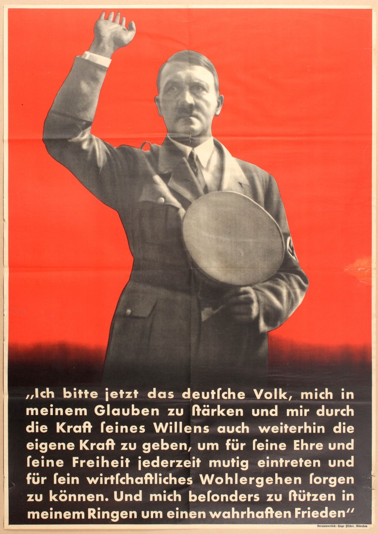 Pre WWII Nazi Propaganda poster Hitler I now call the: Pre-WWII Nazi Propaganda poster - Hitler - I now call the German people (Ich bitte jetzt das deutsche Volk). Country: Germany. Year: 1936. Artist: Unknown. Size (cm): 118.5x84. Good condition, folded 