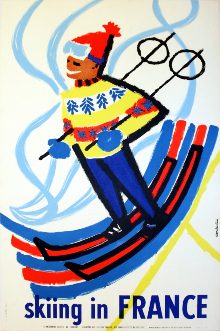 Original Skiing in France Poster Midcentury Modern: Original vintage poster advertising Skiing in France. Fun and colourful mid-century image of a skier. Excellent condition.Country: France, Year: 1959, Artist: Constantin, Size (cm): 60x40