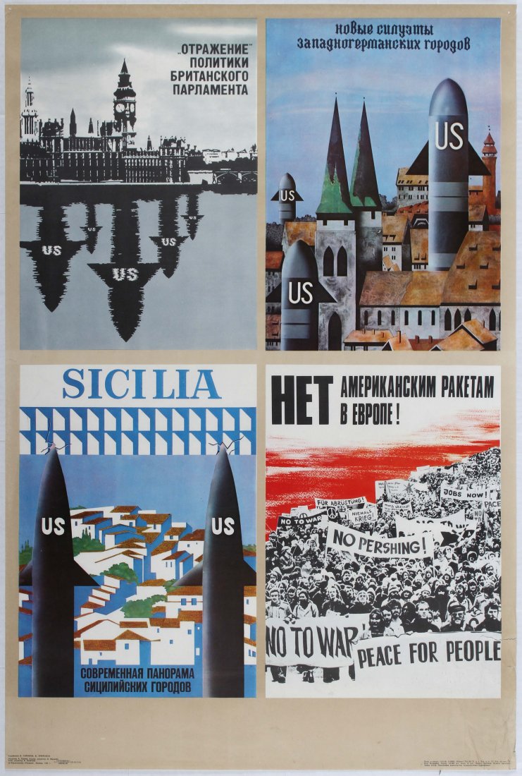 Soviet Propaganda Poster Anti - USA: Country: Russia. Year: 1985. Artist: Unknown. Size (cm): 97x65. Good condition, tears and creases in bottom right margin.