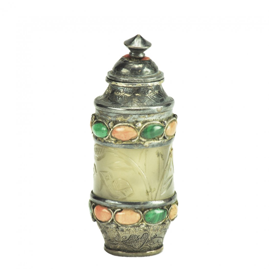 A Chinese mongolia style snuff bottle: A Chinese mongolia style snuff bottle, decrotate with coral and green gem inlaid on silver, ht. 3 1/4 in.