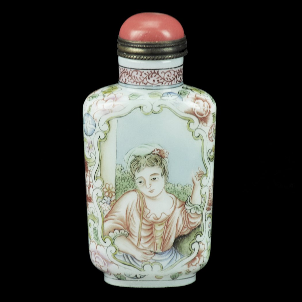 A Chinese Peking glass snuff bottle: A Chinese Peking glass snuff bottle with western court lady figure, coral cap, ht. 2 3/4 in.