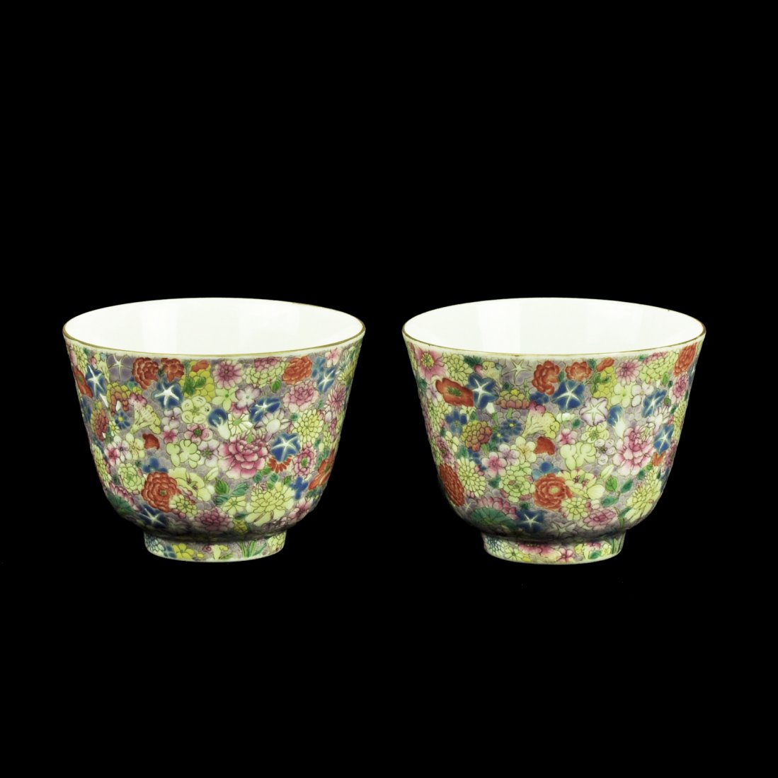A pair of porcelain famille rose cups: A pair of porcelain famille rose cups, marked, ht. 2 1/2, diam. 3 3/8 in.