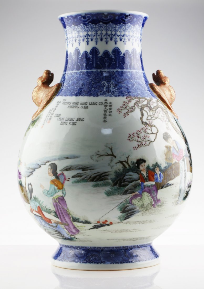 Chinese Porcelain Famille Rose Vase: Depicting the interior senses of dream of red chamber. Painted by Wei Yongsheng, dated as 1950s, ht. 15 1/4 in.