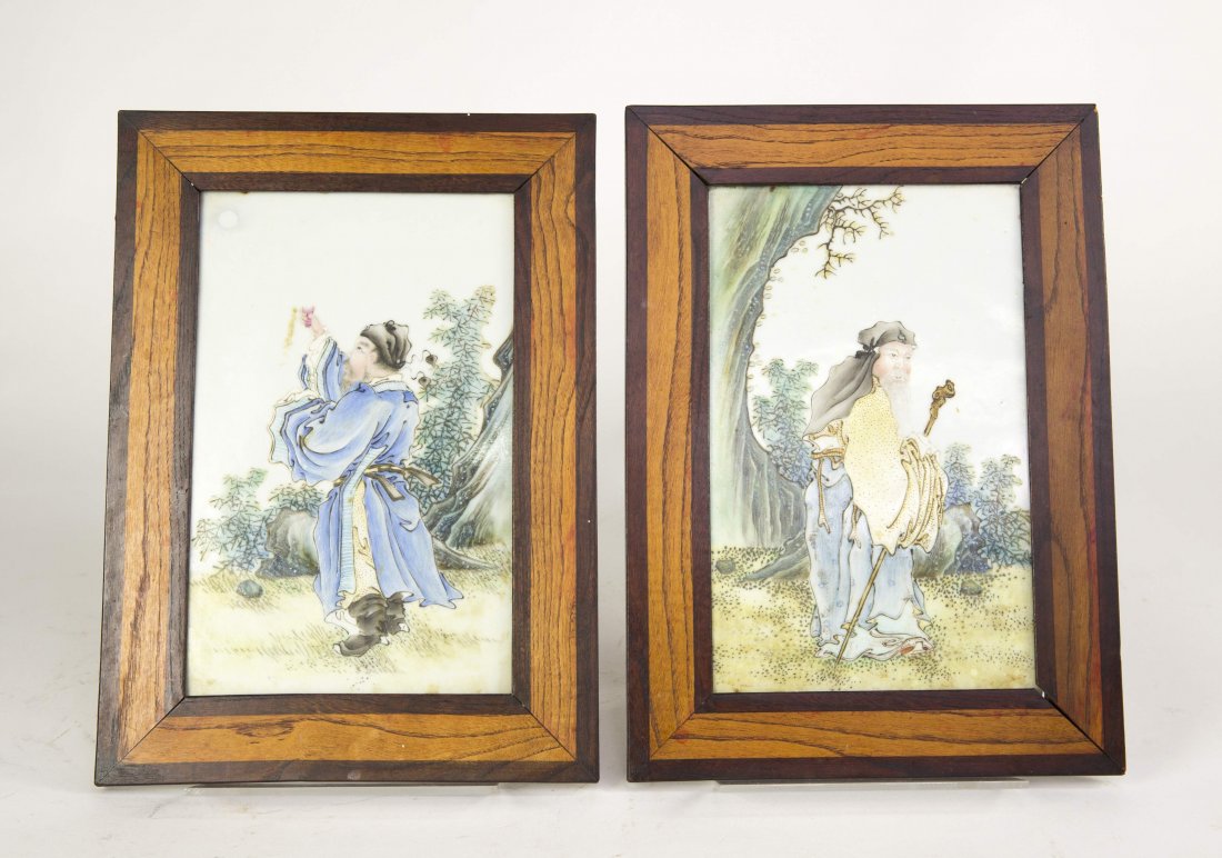 Pair of Chinese Porcelain Famille Rose Plaque: Painted wise senior men on glazed plaque, no signature, 5 x 7 3/4 x 2 in.