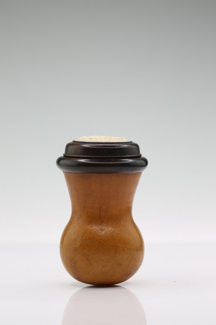 Chinese Gourd Cricket Box with Rosewood and Ivory Lid: Chinese gourd cricket box with rosewood and ivory lid, ht. 4 1/2 in.