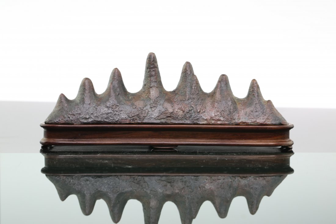Chinese Bronze Peak shaped Brush Holder: Seven peaks shaped brush holder with orignal rosewood stand.Dated as early Qing dynasty. overall ht. 3 in.