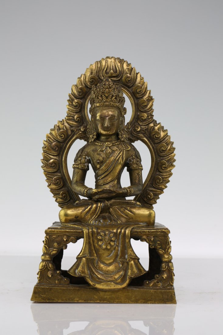 Chinese Gilded Bronze Seating Buddha Qianlong Dynasty: Namo Amitabha seated on lotus stand with two palms cross together. Dated as Qianlong of Qing dynasty. ht. 8 in.