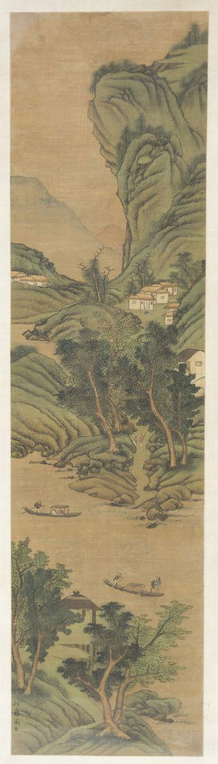 Chinese Framed Scroll Painting: Signed by Zhou Chen, Dongchen, dated as Qing dynasty, From a Princeton private collection. ht. 64, wd. 16 in.