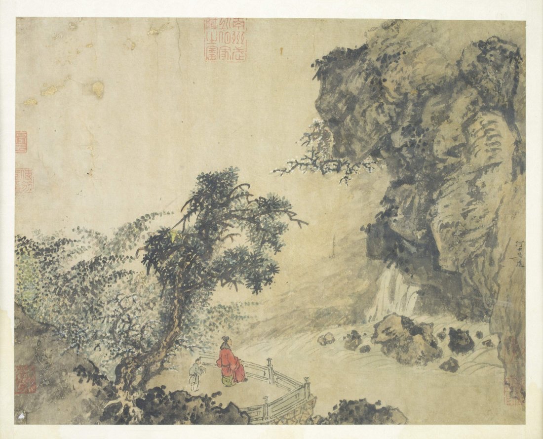 Chinese painting: Waterfall and a seating wise old man, on paper, signed, ht. 15, wd. 12 in
