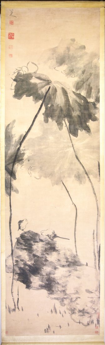Chinese Scroll Painting After Bada Shanren: Depicting a bird and lotus, signed with four seals and three collector's seals. lg. 85, wd. 18 in.
