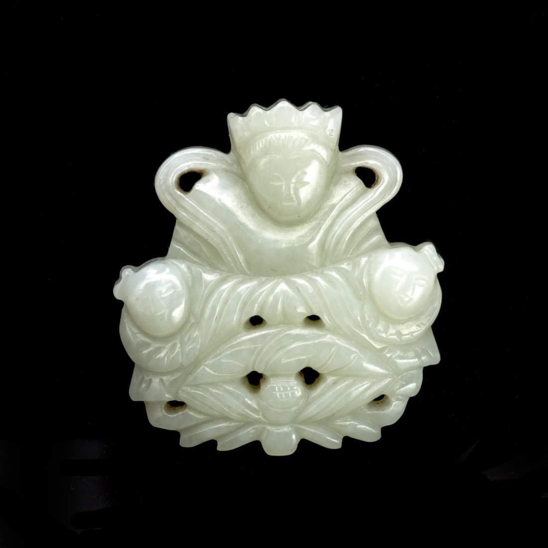 Chinese Jade Carving: A Buddha seating on the lotus flower and boys on his knees, lg. 2, wd. 1 3/4 in.
