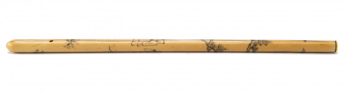 Chinese Ivory Incense Container: Thin Hollow cylindrical section terminating in a domical end on one side and separately carved fitted lid to the other, perforated with small holes on either side for suspension and incised to the ext