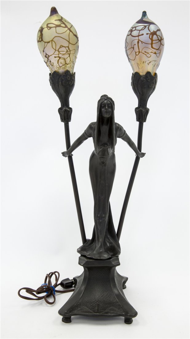 ART NOUVEAU BRONZE FIGURAL LAMP BY IRENEE ROCHARD: Irenee Rochard (1906-1984) signed Art Nouveau Bronze Figural Lamp with 2 Lamp Shades. Unmarked shades, possibly Loetz. Figure in fine condition. Shades have some slight wear. Some slight wear to edges
