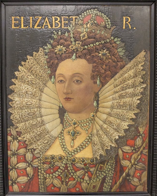 J.W. FOSDICK PYROGRAPHIC QUEEN ELIZABETH I PORTRAIT: J.W. Fosdick (Charlestown, MA 1858 - Boston, MA 1937) Queen Elizabeth I Folk Art Portrait. Large portrait by the pioneer of Pyrographic art. In excellent condition. Signed and described on verso. 27" 