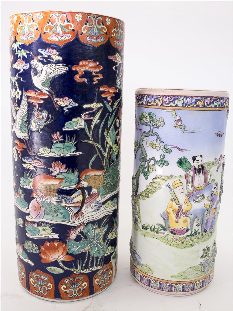 TWO CHINESE PORCELAIN UMBRELLA STAND: 2 Vintage Porcelain Umbrella Stands. Floral and figural decoration. 18 1/2 in. Ht. by 8 3/4 in. Wd.