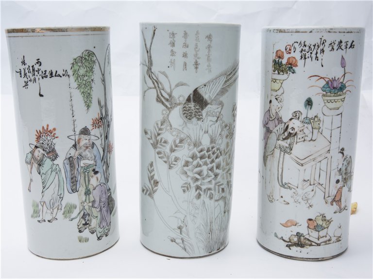 THREE CHINESE FAMILLE ROSE HAT STANDS: Three Chinese Porcelain Famille Rose Hat Stands. Ht. 11 1/8 in.