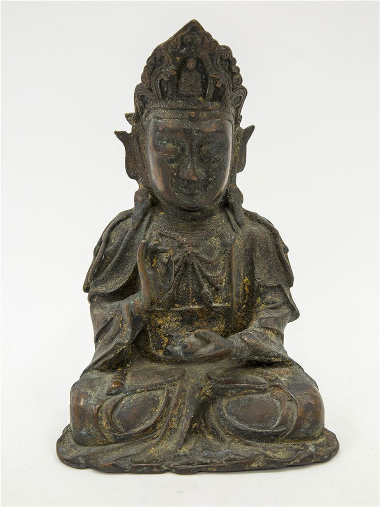 CHINESE BRONZE SEATED GUANYIN: Chinese Bronze Seated Guanyin, the figure seated in a meditative pose with one hand raised in a gesture of vitarka mudra, and other hand hold a bottle. marked on the back, dated Ming dynasty, From a P