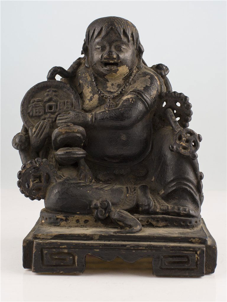 CHINESE BRONZE LACQUERED BOY WITH COIN ON HAND: Chinese Bronze Lacquered Boy Figure With Coin in His Hand. Ht. 7 1/2 in.