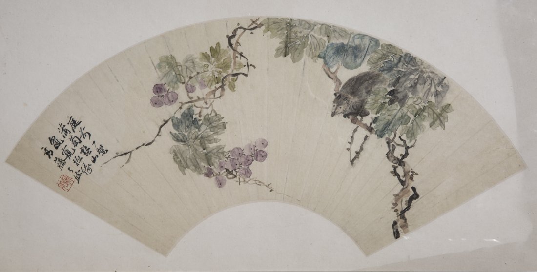 FRAMED CHINESE FAN PAINTING: Framed Chinese Fan Painting with Squirrel and Grapes. Signed and Stamped. Lg. 19 in. Wd. 7 in.