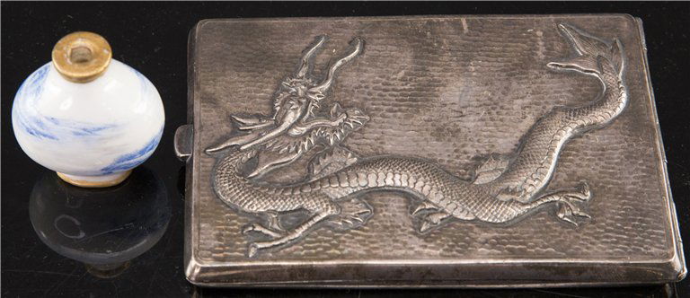 CHINESE SNUFF BOTTLE AND SILVER CIGAR CASE: Chinese Snuff Bottle and Silver Cigar Case. Case Ht. 4 1/2 in.